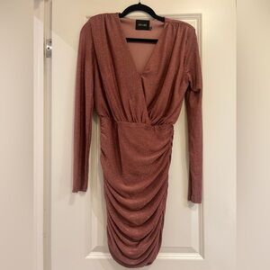 DO+BE Shimmery Rose Rust Long Sleeve Ruched V-Neck Dress